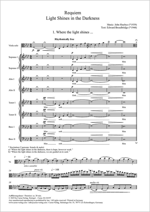 Light Shines in the Darkness&nbsp;&nbsp;Coro SSAATTBB, Va solo&nbsp;&nbsp;Chorpartitur