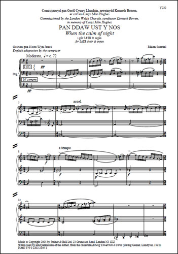 Pan ddaw ust y nos/When the calm of night  SATB and organ  