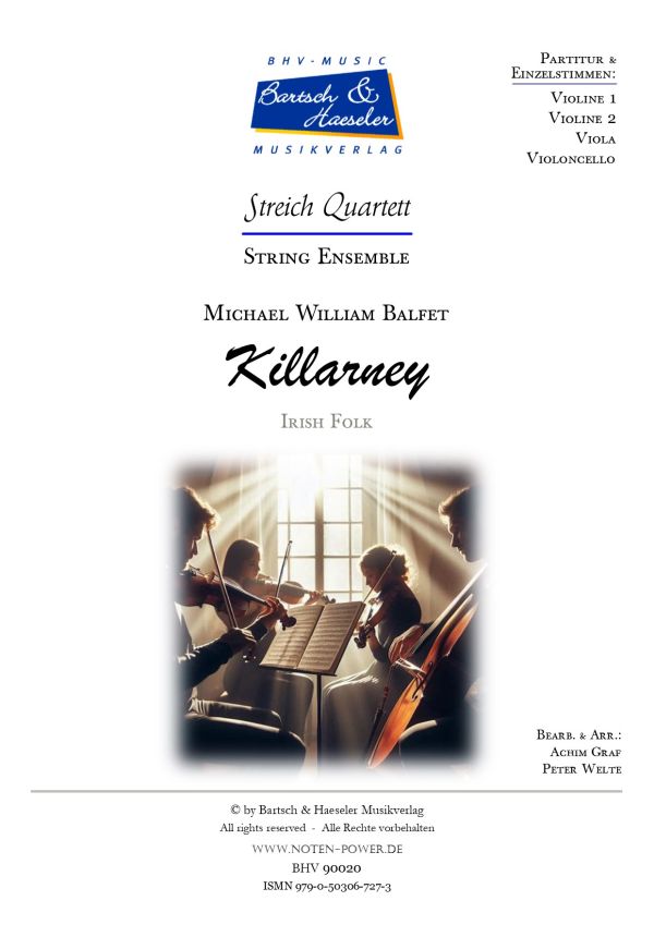 Killarney (Irish Folk)  für Streichquartett  Partitur und Stimmen