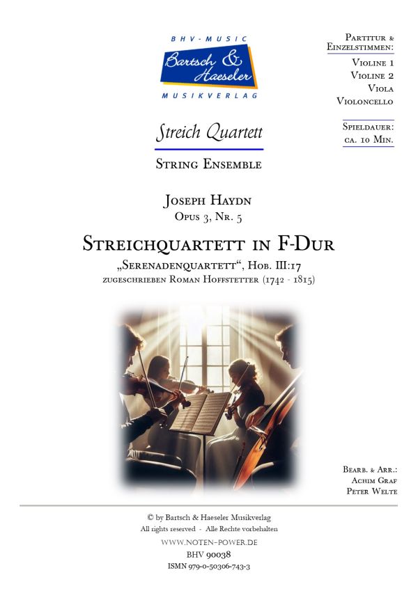 Streichquartett F-Dur op.3 no.5 Hob.III:17  für Streichquartett  Partitur und Stimmen