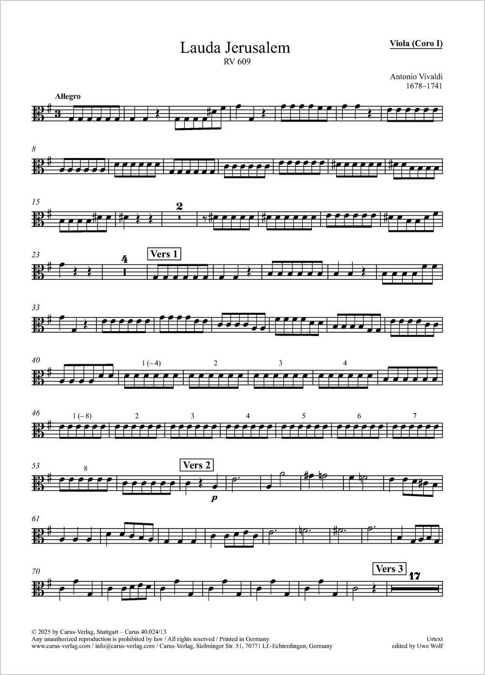Lauda Jerusalem&nbsp;&nbsp;Coro I: Solo S, Coro SATB, 2 Vl, Va, Bc / Coro II: Solo S, Coro SATB, 2 Vl, Va, Bc&nbsp;&nbsp;Einzelstimme, Coro 1: Viola