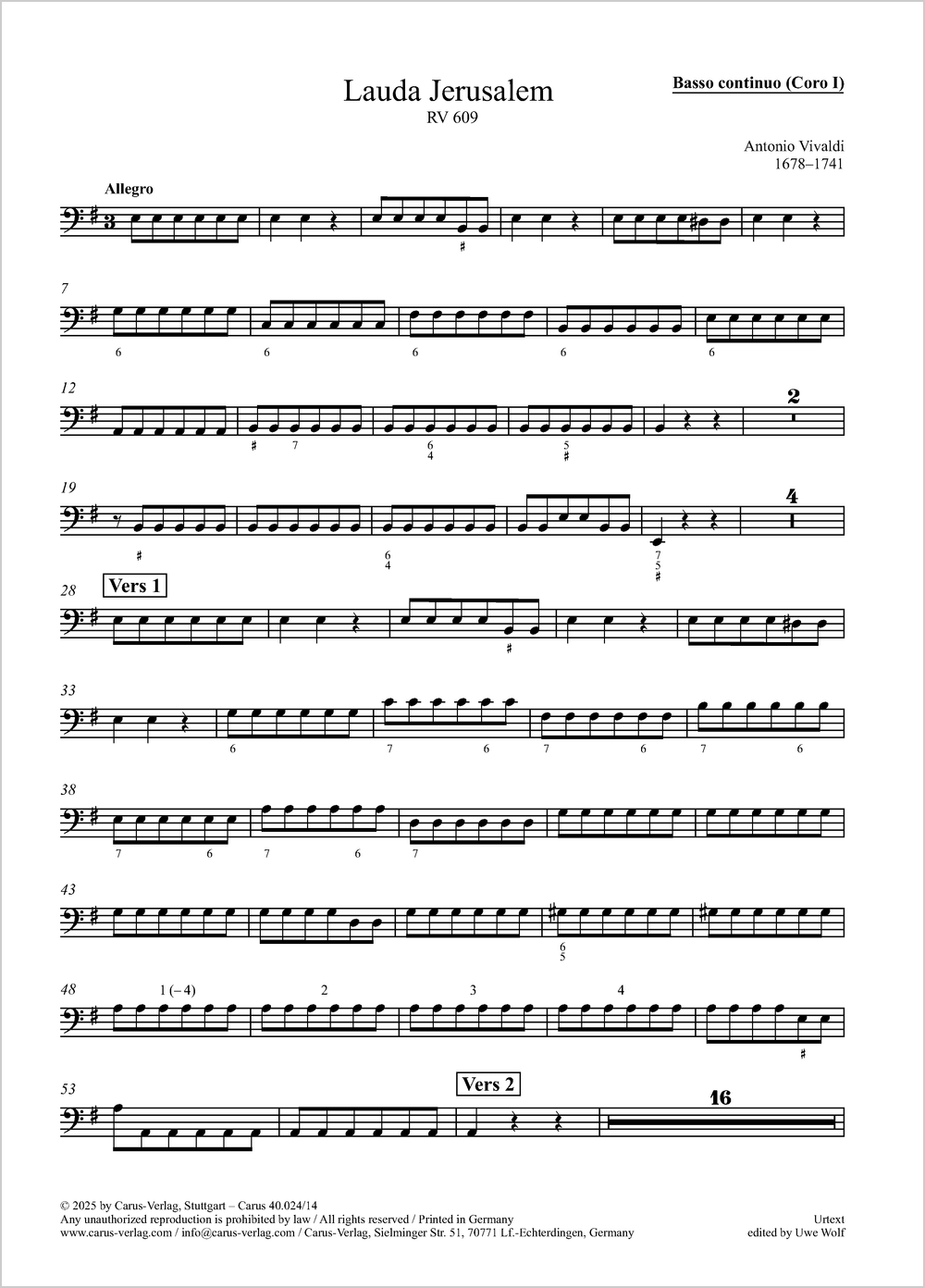 Lauda Jerusalem&nbsp;&nbsp;Coro I: Solo S, Coro SATB, 2 Vl, Va, Bc / Coro II: Solo S, Coro SATB, 2 Vl, Va, Bc&nbsp;&nbsp;Einzelstimme, Coro 1: Basso cont