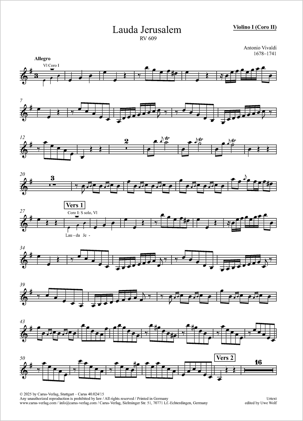 Lauda Jerusalem&nbsp;&nbsp;Coro I: Solo S, Coro SATB, 2 Vl, Va, Bc / Coro II: Solo S, Coro SATB, 2 Vl, Va, Bc&nbsp;&nbsp;Einzelstimme, Coro 2: Violine 1