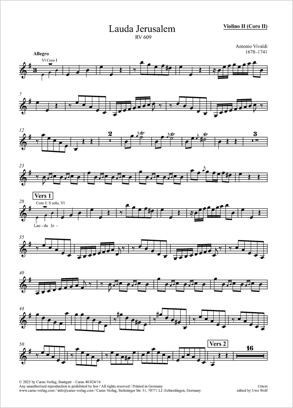 Lauda Jerusalem&nbsp;&nbsp;Coro I: Solo S, Coro SATB, 2 Vl, Va, Bc / Coro II: Solo S, Coro SATB, 2 Vl, Va, Bc&nbsp;&nbsp;Einzelstimme, Coro 2: Violine 2