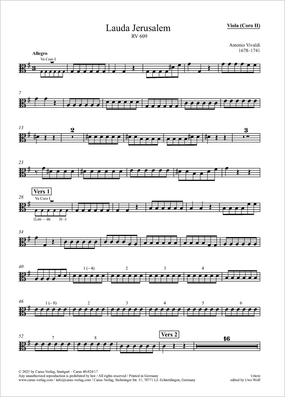 Lauda Jerusalem&nbsp;&nbsp;Coro I: Solo S, Coro SATB, 2 Vl, Va, Bc / Coro II: Solo S, Coro SATB, 2 Vl, Va, Bc&nbsp;&nbsp;Einzelstimme, Coro 2: Viola