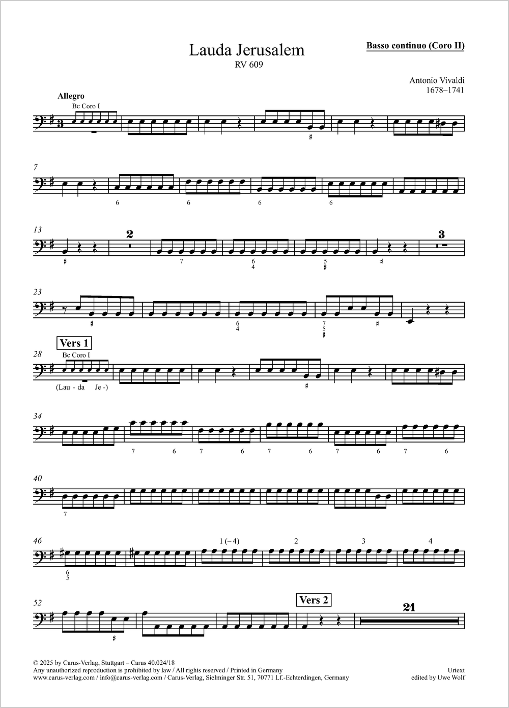 Lauda Jerusalem&nbsp;&nbsp;Coro I: Solo S, Coro SATB, 2 Vl, Va, Bc / Coro II: Solo S, Coro SATB, 2 Vl, Va, Bc&nbsp;&nbsp;Einzelstimme, Coro 2: Basso cont