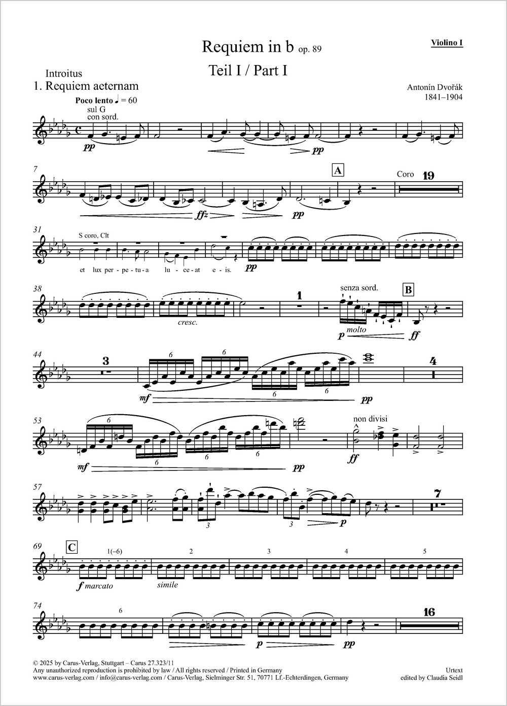 Requiem&nbsp;&nbsp;Soli SATB, Coro SATB, Pic, 2 Fl, 2 Ob, Eh, 2 Clt, BClt, 2 Fg, Cfg, 4 Cor, 2 Tr, 2 Tr di lontano, 3 T&nbsp;&nbsp;Einzelstimme, Violine 1