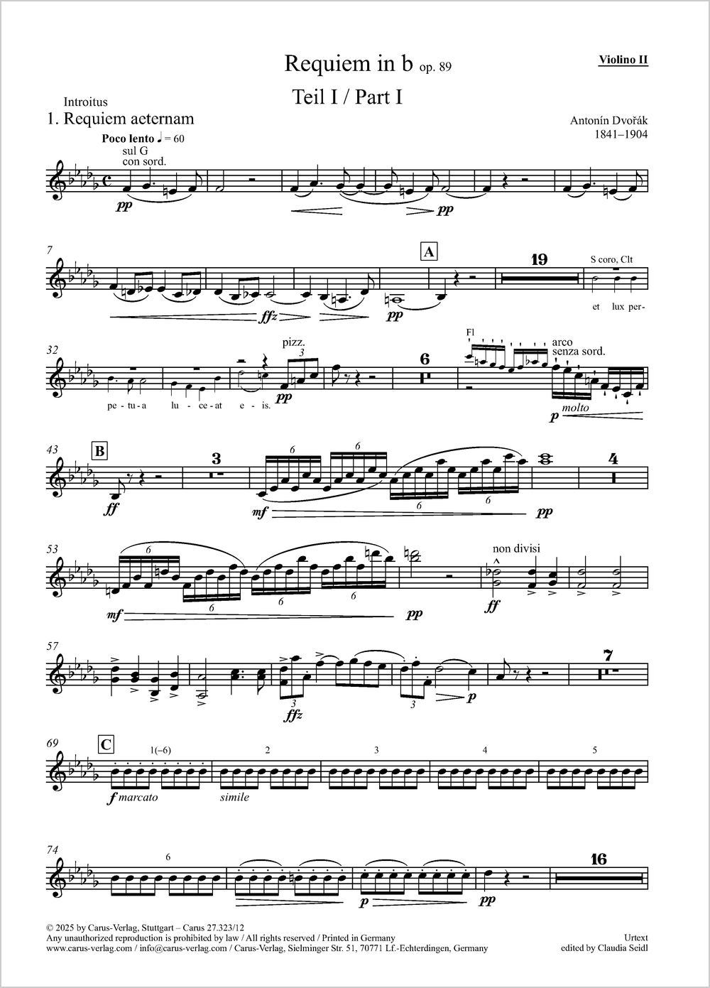 Requiem&nbsp;&nbsp;Soli SATB, Coro SATB, Pic, 2 Fl, 2 Ob, Eh, 2 Clt, BClt, 2 Fg, Cfg, 4 Cor, 2 Tr, 2 Tr di lontano, 3 T&nbsp;&nbsp;Einzelstimme, Violine 2
