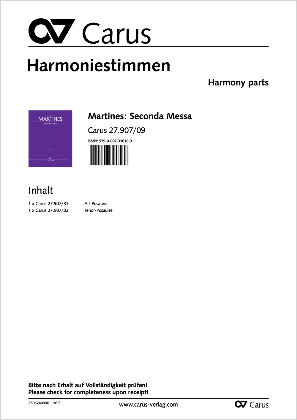 Seconda Messa  Soli e Coro SATB, 2 Vl, 2 Trb, Bc  Stimmenset