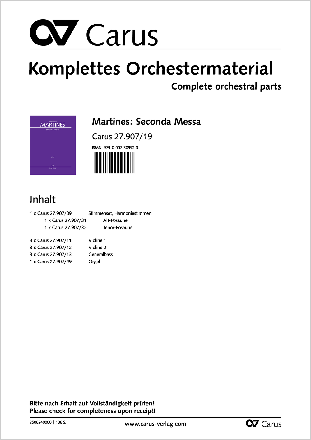 Seconda Messa  Soli e Coro SATB, 2 Vl, 2 Trb, Bc  Stimmenset