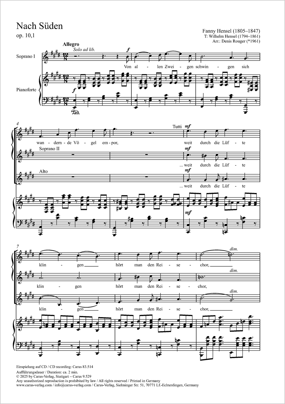 Nach Süden  Coro SSATB, Pfte  Partitur