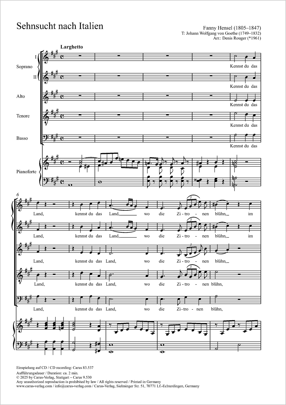 Sehnsucht nach Italien  Coro SSATB, Pfte  Partitur