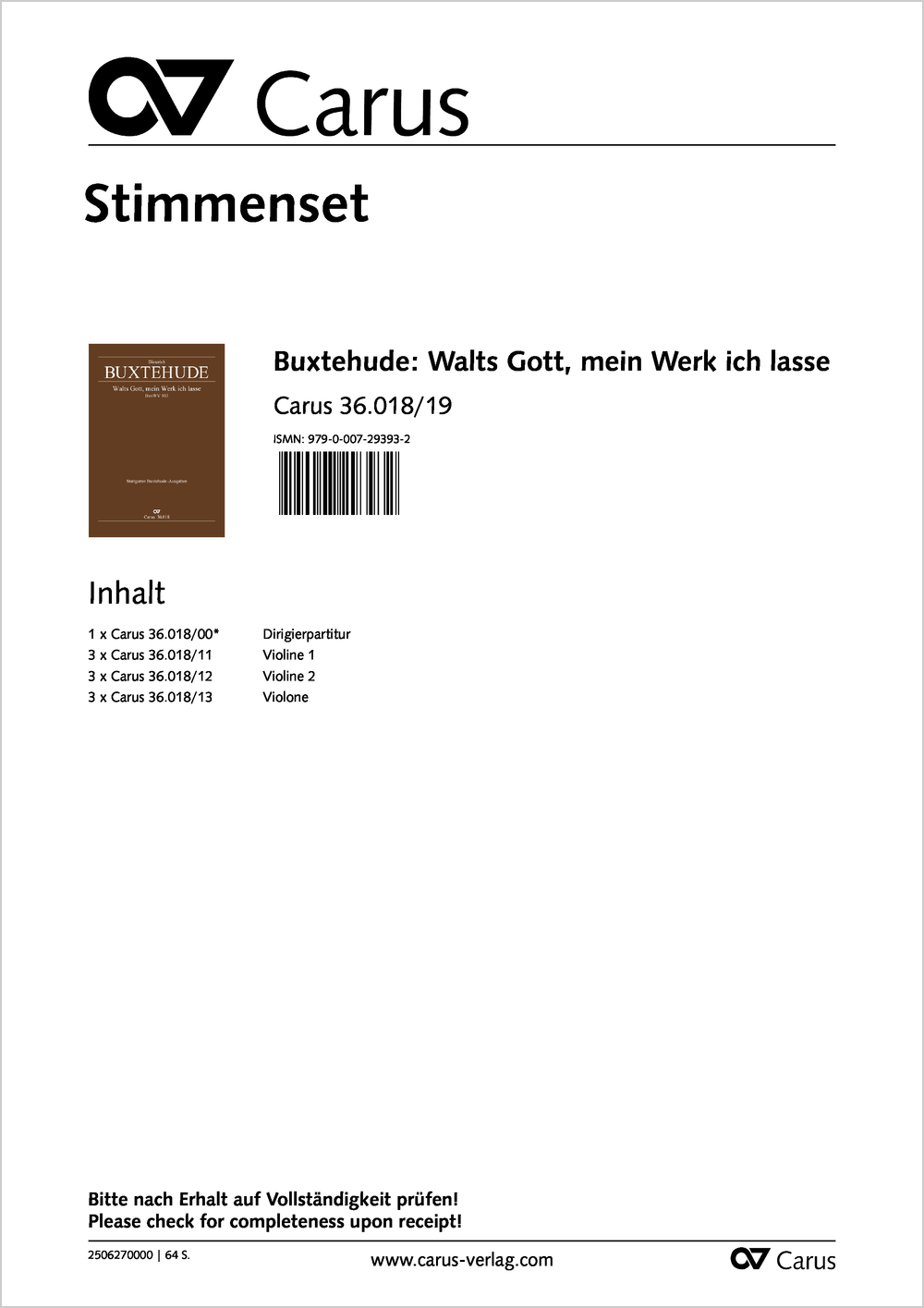 Walts Gott, mein Werk ich lasse&nbsp;&nbsp;Coro SATB, 2 Vl, Bc&nbsp;&nbsp;Stimmenset