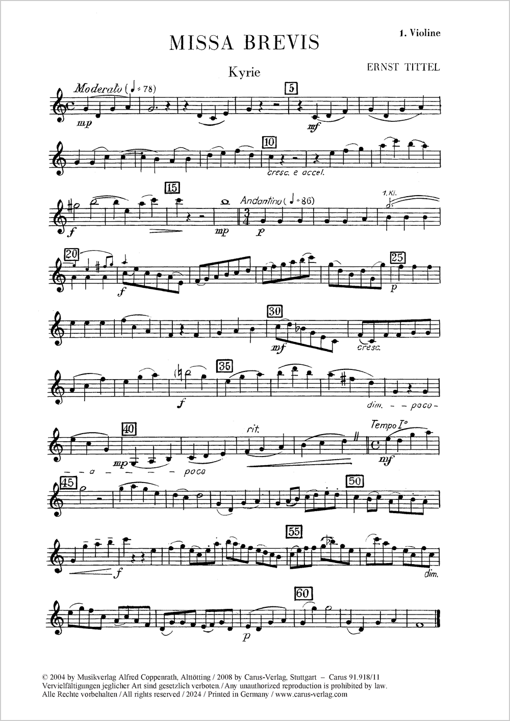 Missa brevis&nbsp;&nbsp;Coro SATB, Org, [2 Clt, 2 Tr, Timp, 2 Vl, Vc]&nbsp;&nbsp;Einzelstimme, Violine 1