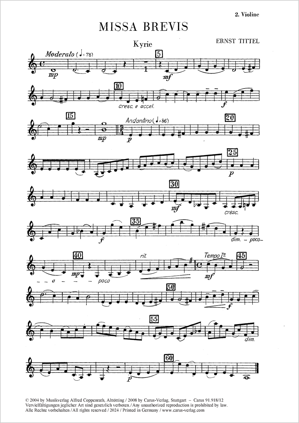 Missa brevis&nbsp;&nbsp;Coro SATB, Org, [2 Clt, 2 Tr, Timp, 2 Vl, Vc]&nbsp;&nbsp;Einzelstimme, Violine 2