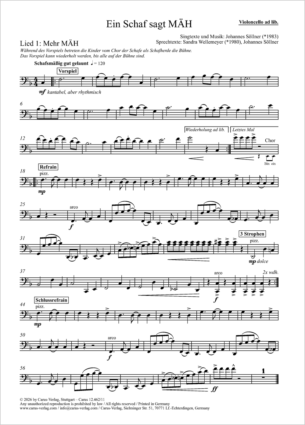 Ein Schaf sagt MÄH&nbsp;&nbsp;1[2]stg Kinderchor, Pfte, [Vc, Perc]&nbsp;&nbsp;Einzelstimme, Violoncello