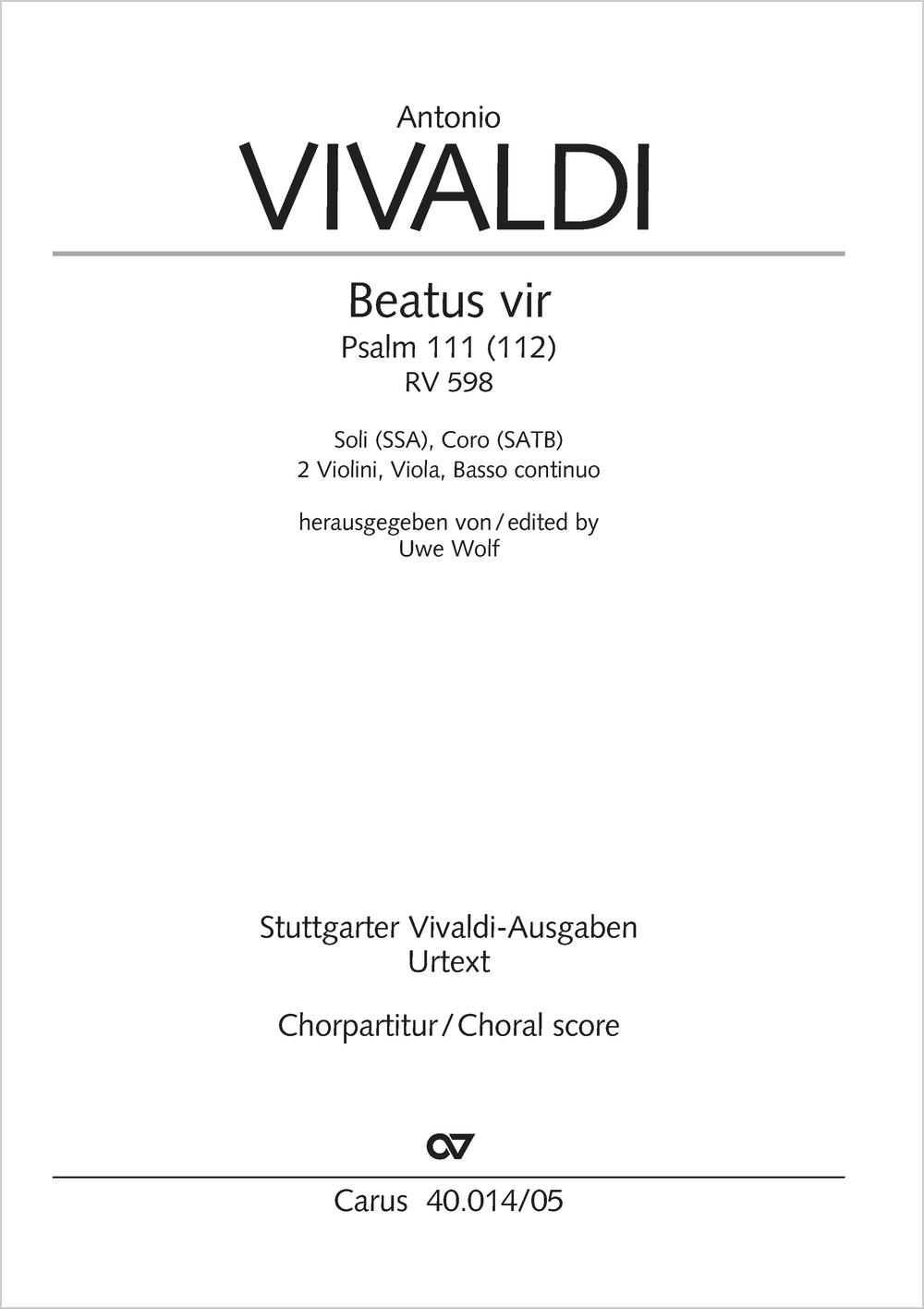 Beatus vir&nbsp;&nbsp;Soli SSA, Coro SATB, 2 Vl, Va, Bc&nbsp;&nbsp;Chorpartitur