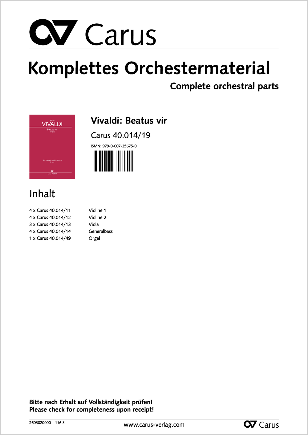 Beatus vir&nbsp;&nbsp;Soli SSA, Coro SATB, 2 Vl, Va, Bc&nbsp;&nbsp;Stimmenset