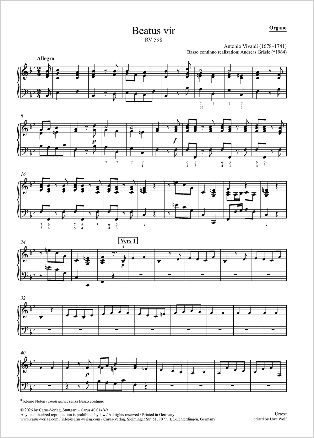 Beatus vir&nbsp;&nbsp;Soli SSA, Coro SATB, 2 Vl, Va, Bc&nbsp;&nbsp;Einzelstimme, Orgel