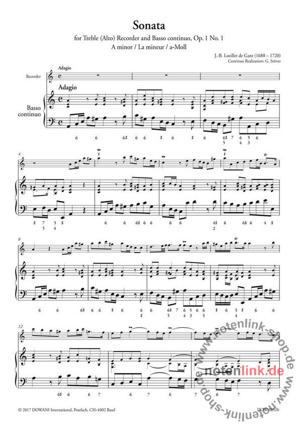 Sonate aMoll op.1,1 (+CD) für Altblockflöte und Bc von Jean Baptiste