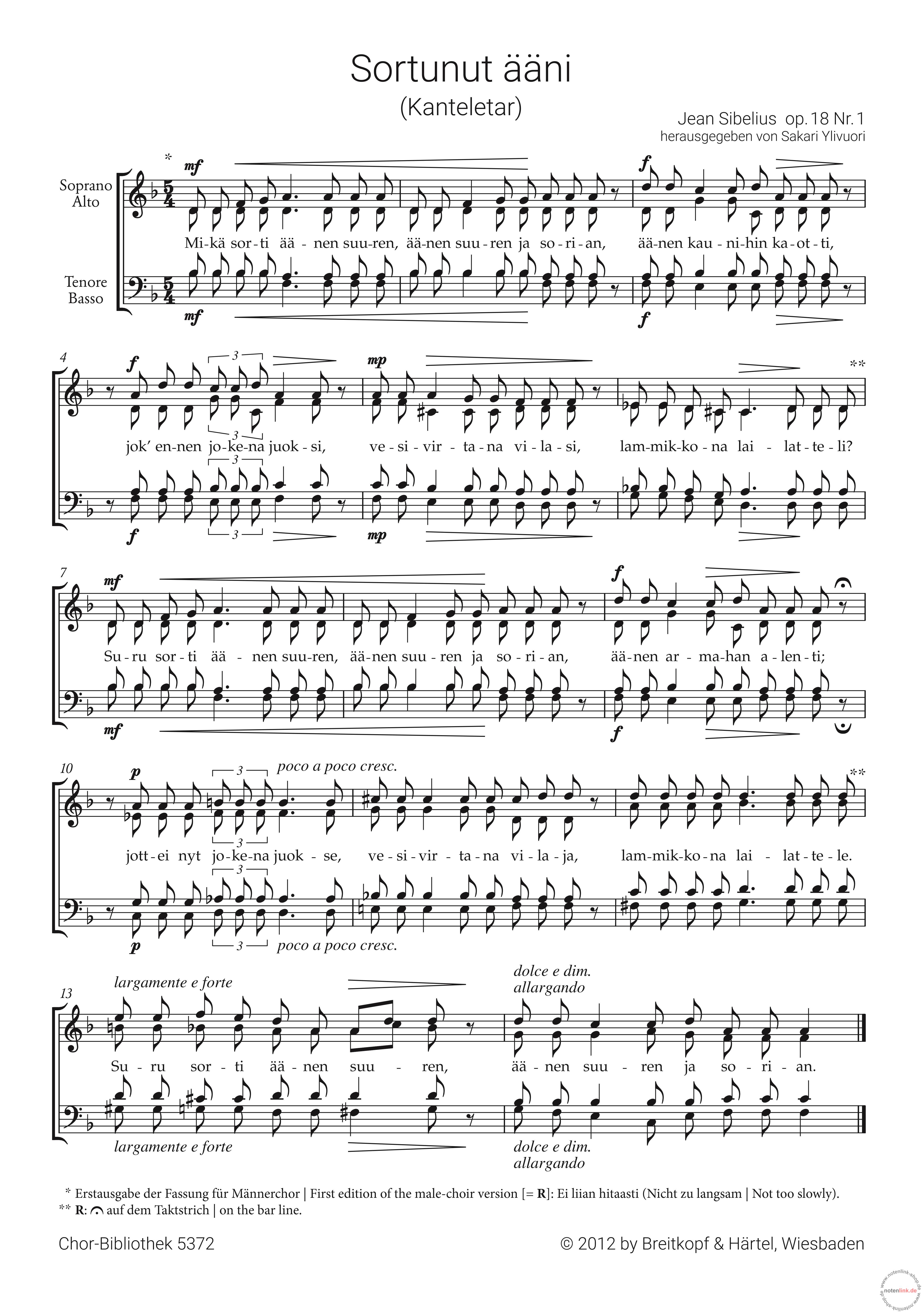 Sibelius, Jean : 4 Lieder aus op.18 für gem Chor a cappella 