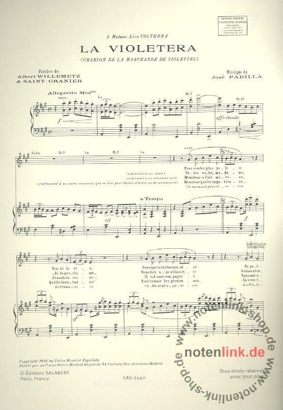 Padilla, José La violetera pour chant et piano Editions Salabert