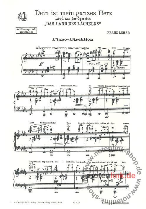 Lehar Franz Dein Ist Mein Ganzes Herz Aus Das Land Des Lachelns Fur Bei Musikalien Petroll Kaufen