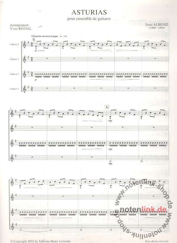 Albéniz, Isaac Manuel Asturias pour 4 guitares partition et parties Editions Henry Lemoine